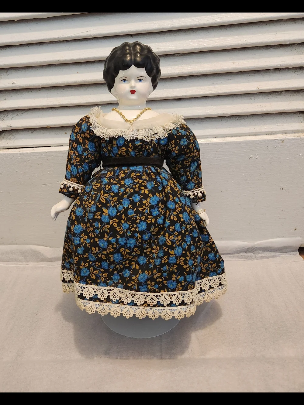 Vintage 1960s Porcelain Doll with Floral Dress & Display Stand